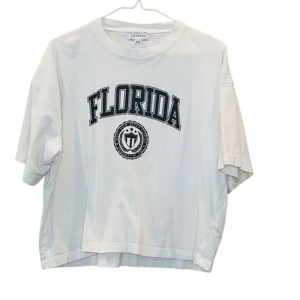 Topshop Crew Neck Florida West Palm Beach Boxy Fit Graphic Tee White Size 4
